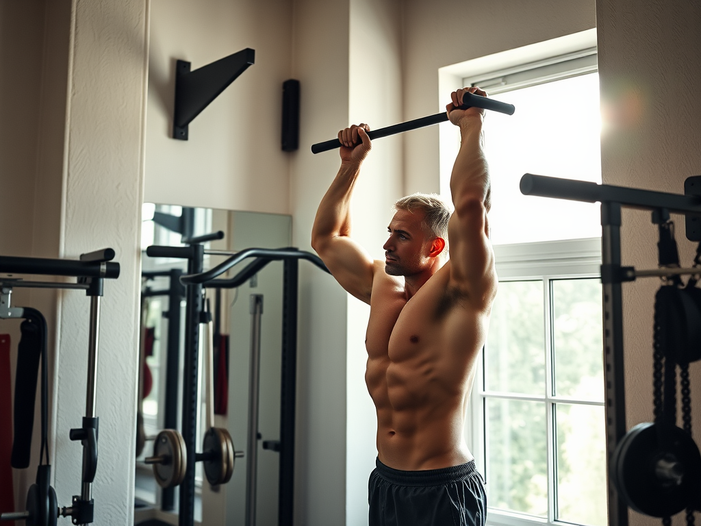 Create a realistic image of a home gym corner with a sturdy wall-mounted pull-up bar installed, showing a muscular white male doing a pull-up exercise, with various fitness equipment visible in the background, natural light streaming through a window, creating a motivating and energetic atmosphere.