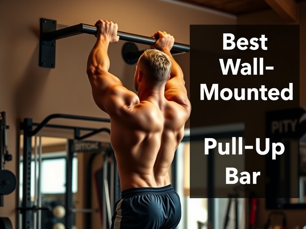 Create a realistic image of a muscular white male performing a pull-up on a wall-mounted pull-up bar in a home gym setting, with various exercise equipment visible in the background, warm lighting highlighting the subject's defined muscles, and the text "Best Wall-Mounted Pull-Up Bar" displayed prominently in the upper right corner.