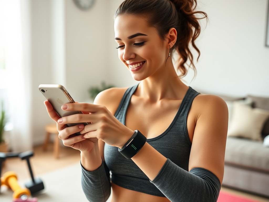 Create a realistic image of a smiling young woman wearing workout clothes and a fitness tracker on her wrist, looking at her smartphone with a budget fitness app open, surrounded by affordable exercise equipment like resistance bands and dumbbells in a home setting with natural lighting.