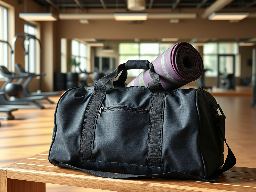 Create a realistic image of a high-quality gym bag with a visible yoga mat holder, placed on a wooden bench in a well-lit fitness studio, with exercise equipment and mirrors visible in the background, conveying a sense of organization and readiness for a workout.